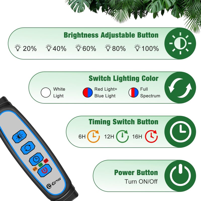 wolezek Grow Lights for Indoor Plants, 100 LEDs Full Spectrum Plant Lights for Indoor Growing with Adjustable Stand, 5-Heads Grow Lamp with Auto 6/12/16H Timer, 3 Light Modes, 5 Levels Dimmable - Image 4